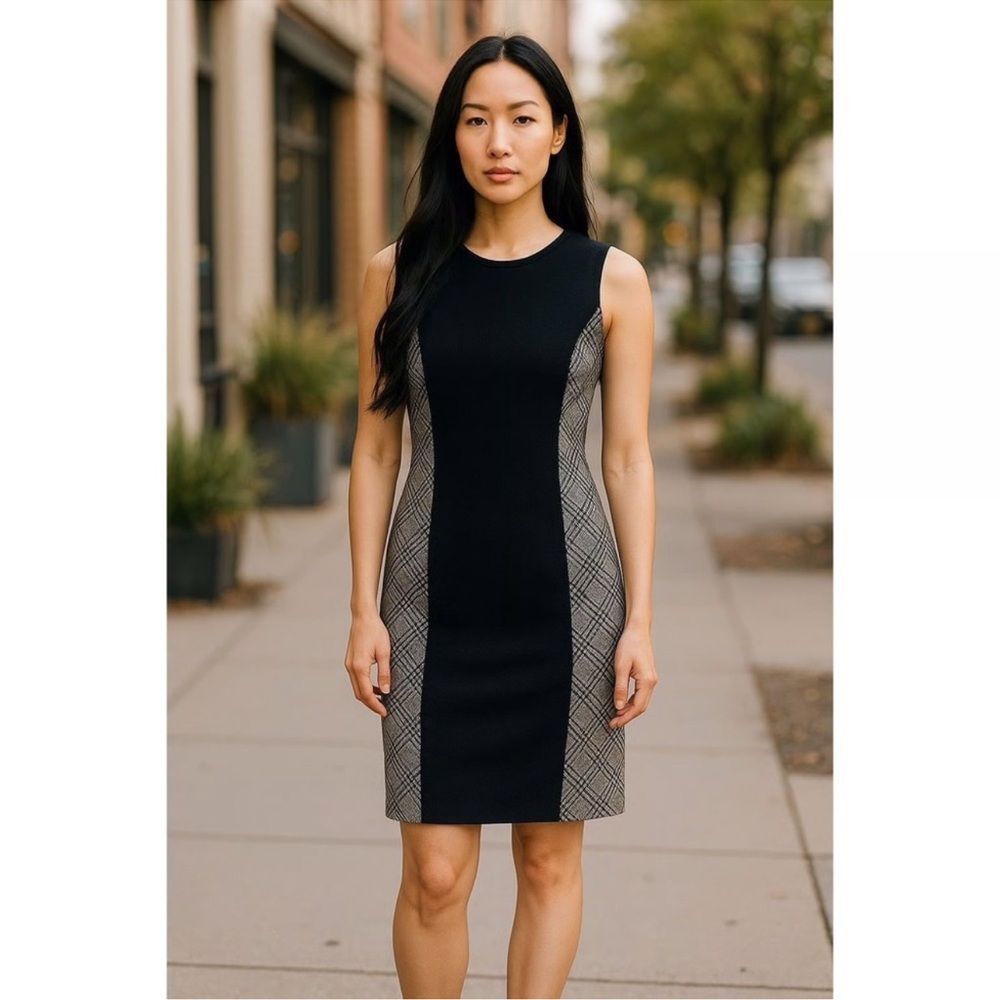 J McLaughlin Black Plaid Printed Panel Wool Cashmere Sheath Dress Size 12